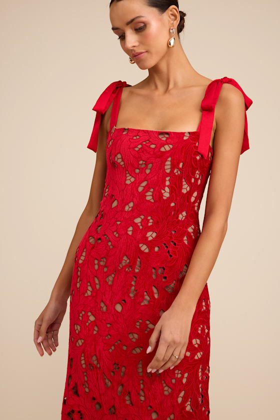 Ramsey Red Embroidered Tie-Strap Maxi Dress #Color_Red