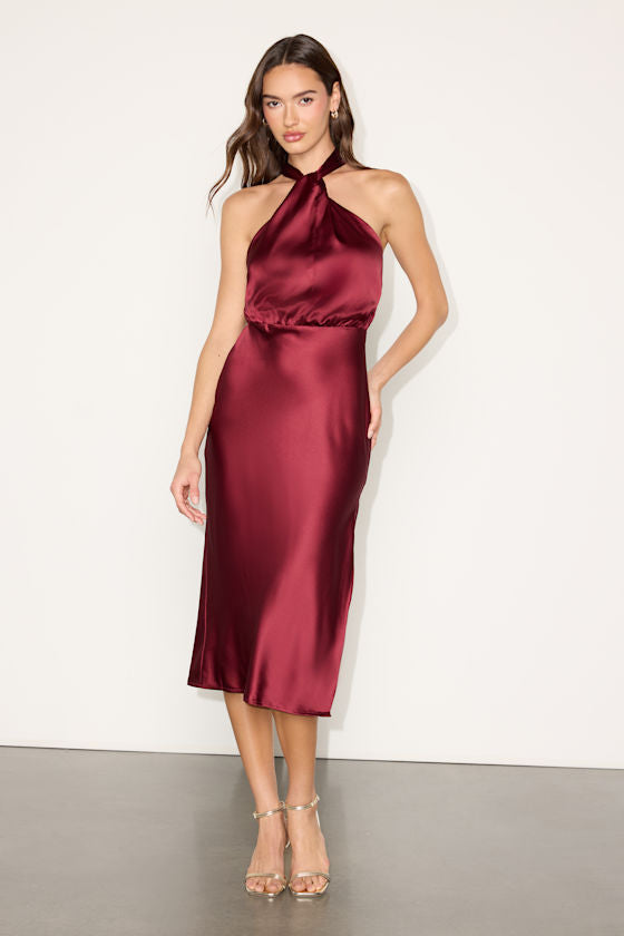 Jacey Navy Satin Halter Midi Dress #Color_Burgundy