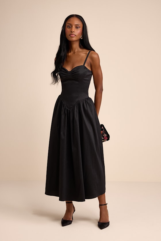 Goodwin Black Taffeta Tie-Strap Bustier Midi Dress
