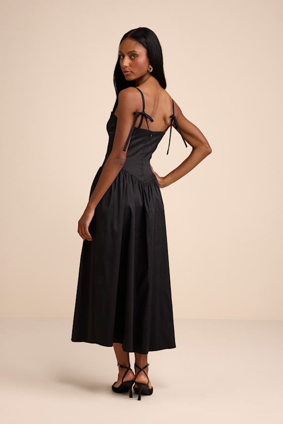 Goodwin Black Taffeta Tie-Strap Bustier Midi Dress