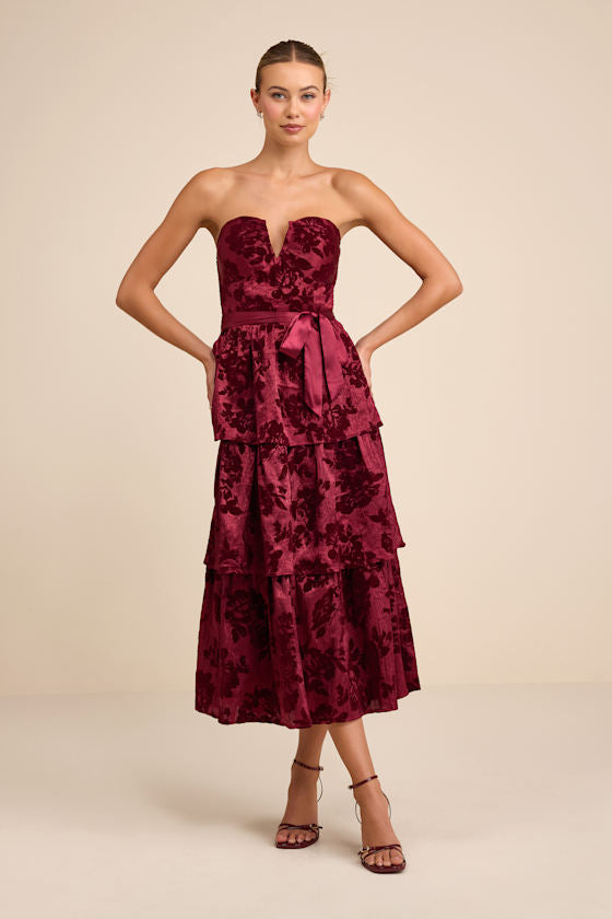 Dorina Burgundy Shadow Print Strapless Tiered Midi Dress #Color_Burgundy