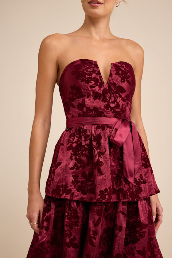 Dorina Burgundy Shadow Print Strapless Tiered Midi Dress #Color_Burgundy