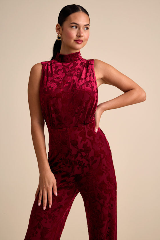 Micola Black Velvet Jacquard Mock Neck Jumpsuit #Color_Red