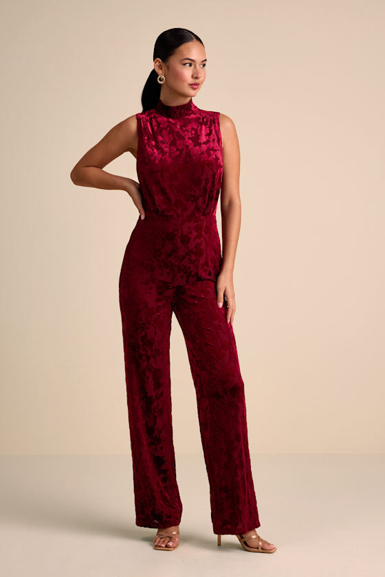 Micola Black Velvet Jacquard Mock Neck Jumpsuit