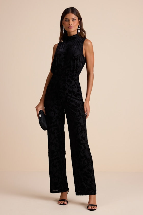 Micola Black Velvet Jacquard Mock Neck Jumpsuit #Color_Black