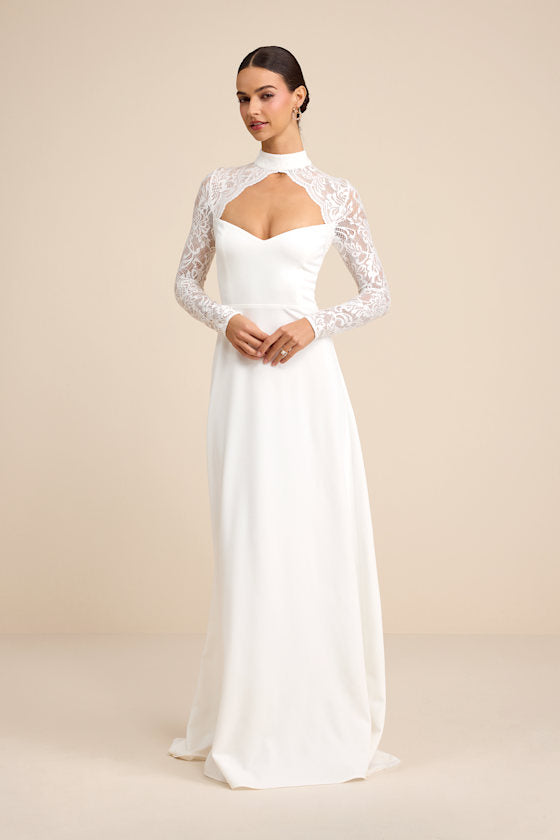 Keeley Lace Mock Neck Long Sleeve Maxi Dress #Color_White