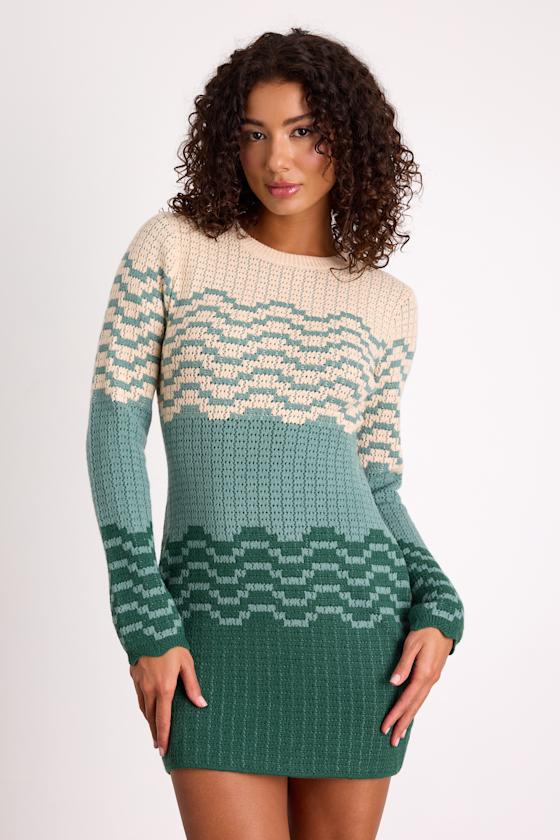 Amabel Dark Green and Beige Color Block Sweater Mini Dress