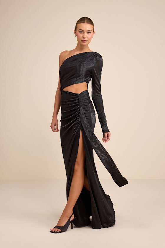 Demaria Black Slinky Knit Cutout One-Shoulder Mermaid Maxi Dress #Color_Black
