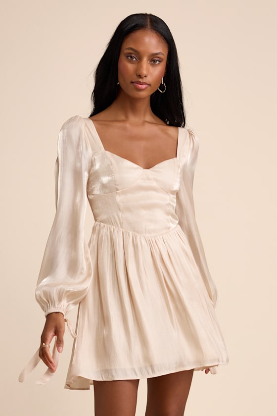 Lirenda Shiny Champagne Balloon Sleeve Tie-Back Mini Dress #Color_Shiny Champagne