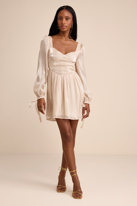 Lirenda Shiny Champagne Balloon Sleeve Tie-Back Mini Dress