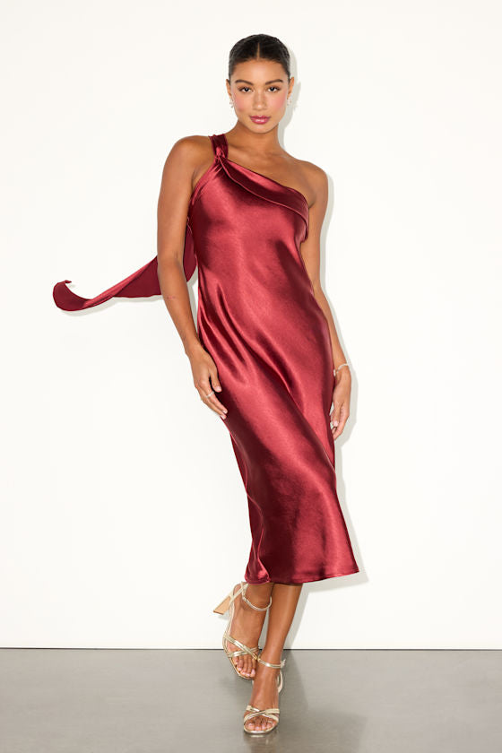 Naima Turquoise Satin One-Shoulder Midi Dress #Color_Rust Red