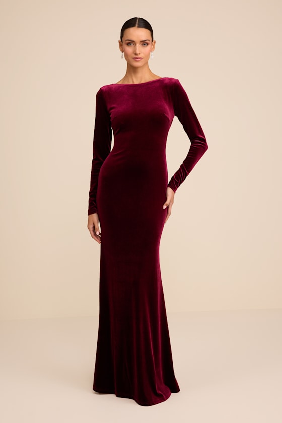 Rabeya Burgundy Velvet Backless Mermaid Maxi Dress #Color_Burgundy