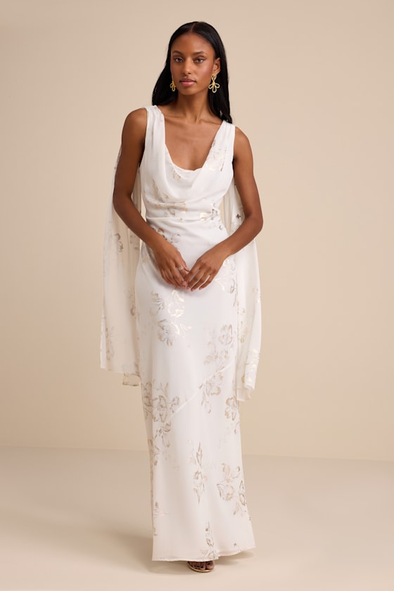 Sidonia Yellow and Gold Floral Cowl Sash Maxi Dress #Color_White and Gold
