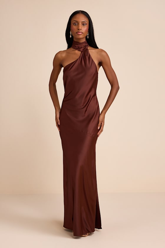 Madalena Dark Brown Satin Cowl Back Maxi Dress #Color_Dark Brown