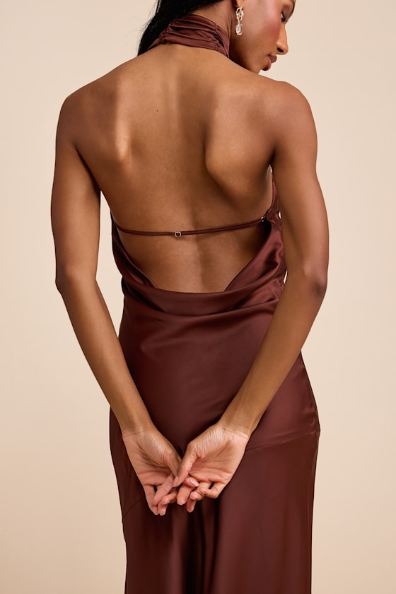 Madalena Dark Brown Satin Cowl Back Maxi Dress #Color_Dark Brown
