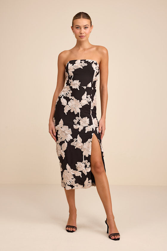 Kattalin Cream Floral Applique Strapless Midi Dress #Color_Black