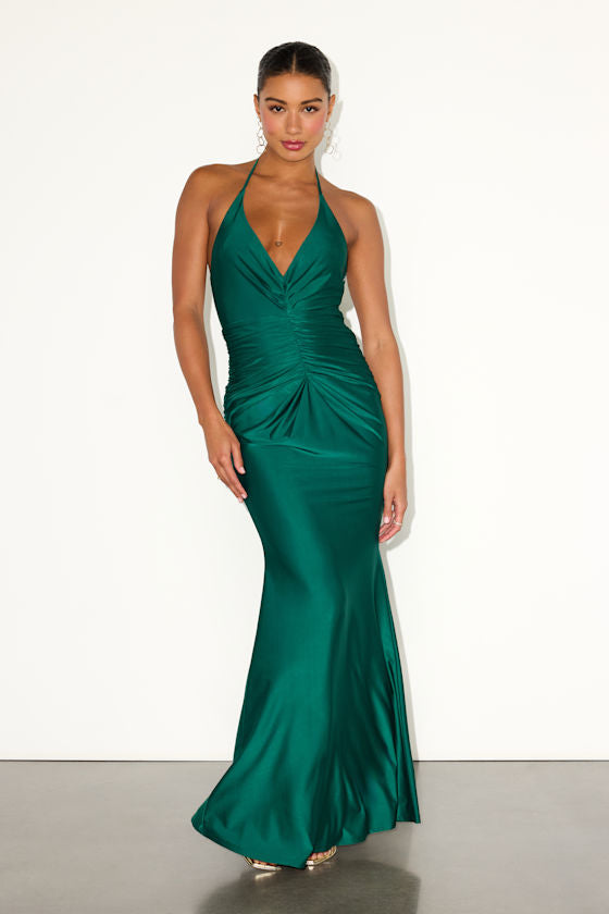 Zaniya Emerald Green Ruched Halter Maxi Dress #Color_Emerald Green