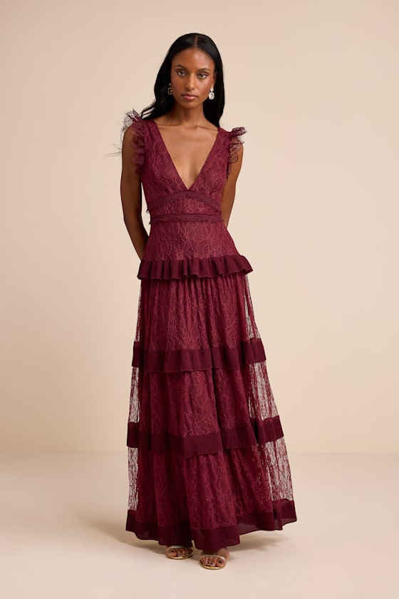 Marvelous Darling Black Lace Ruffled Tiered Maxi Dress #Color_Burgundy
