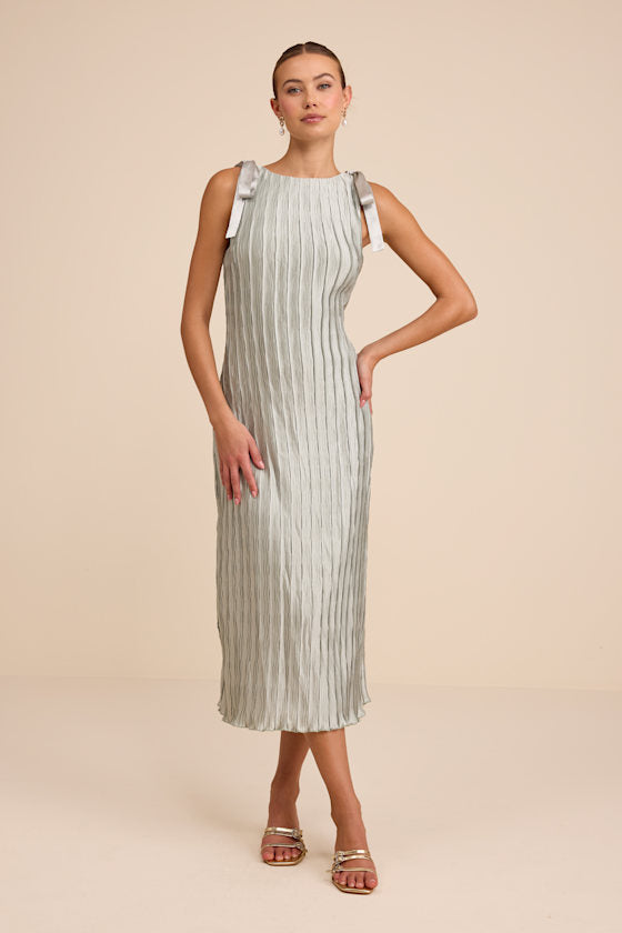 Nuala Sage Green Pleated Sleeveless Bow Midi Dress #Color_Sage Green