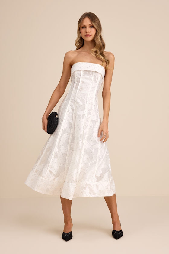 Abilene White Floral Jacquard Rhinestone Strapless Midi Dress #Color_White Floral Jacquard
