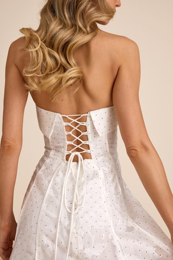 Abilene White Floral Jacquard Rhinestone Strapless Midi Dress #Color_White Floral Jacquard