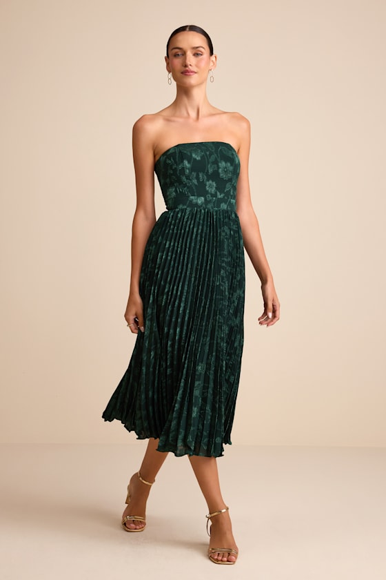 Perfectly Stunning Ivory Jacquard Strapless Midi Dress #Color_Emerald Green