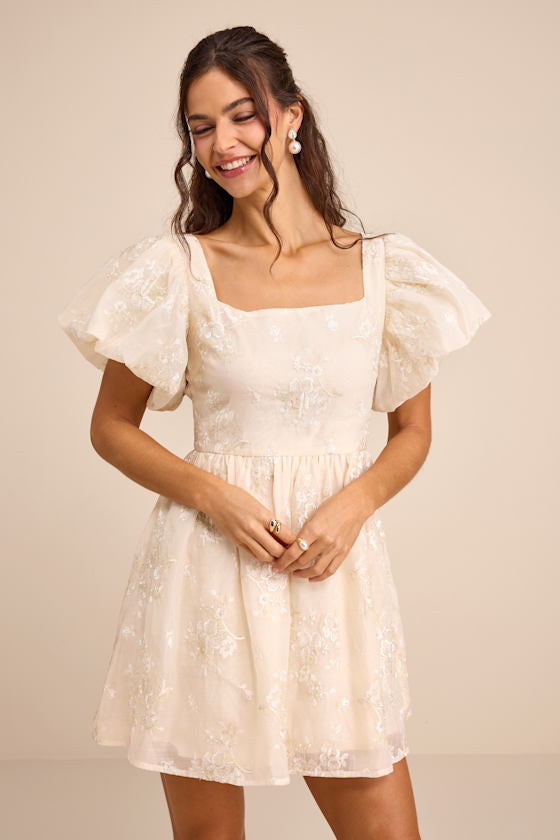 Cathaysa Cream Embroidered Puff Sleeve Bow Mini Dress #Color_Cream