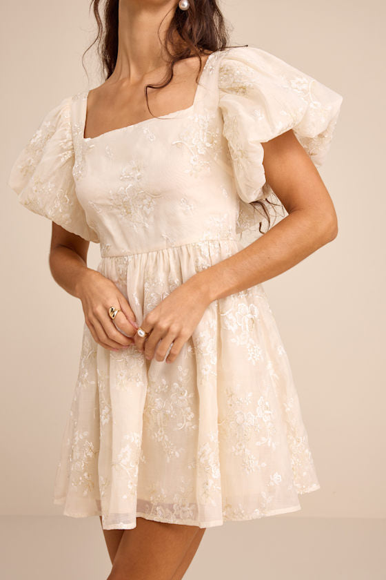 Cathaysa Cream Embroidered Puff Sleeve Bow Mini Dress #Color_Cream