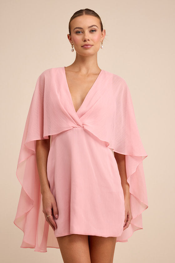 Jolia Light Pink Cape V-Neck Mini Dress #Color_Light Pink