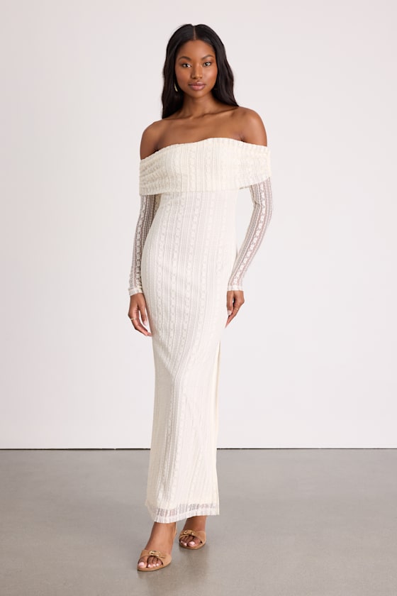Eulalie Cream Lace Off-the-Shoulder Maxi Dress #Color_Cream