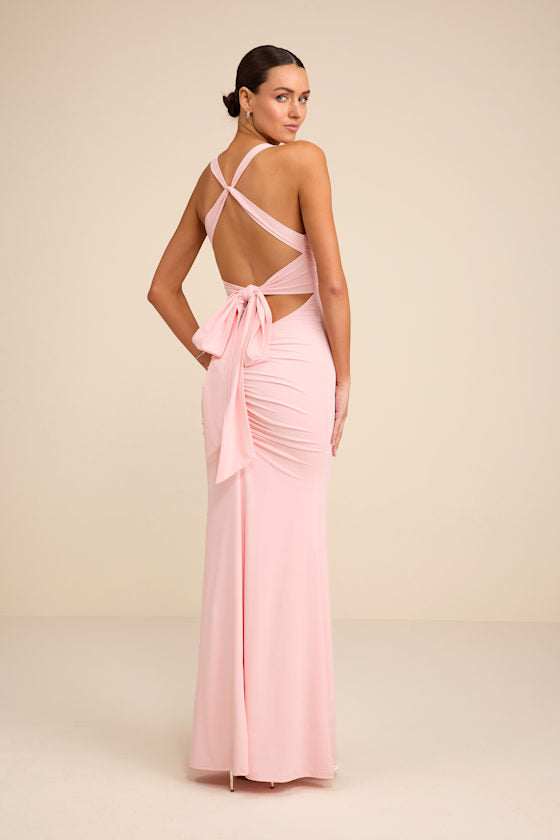 Cazy Light Pink Jersey Knit Twist-Front Maxi Dress #Color_Light Pink