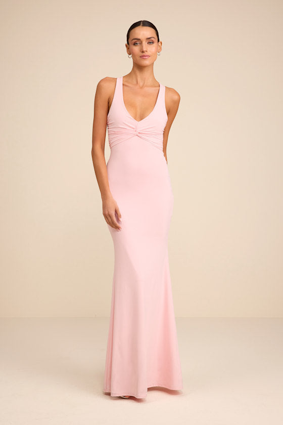 Cazy Light Pink Jersey Knit Twist-Front Maxi Dress #Color_Light Pink