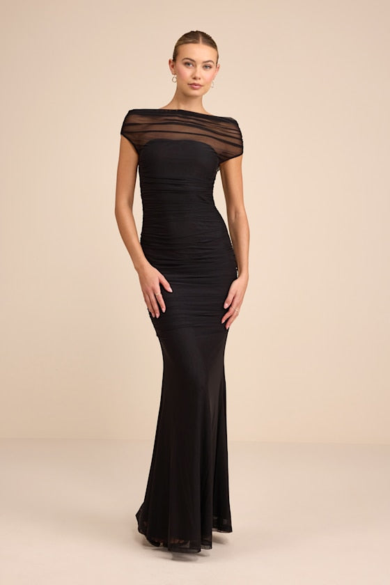 Sunama Black Mesh Ruched Mermaid Maxi Dress #Color_Black