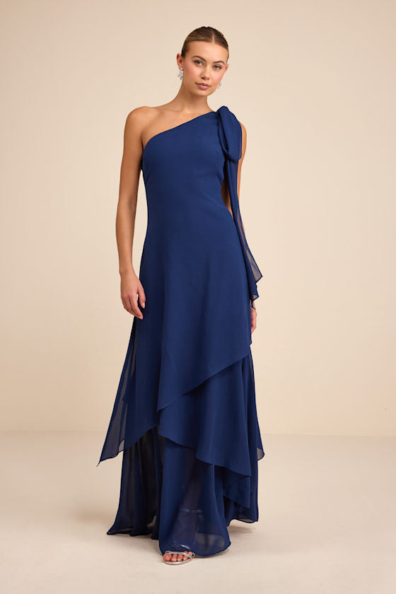 Camellia Dark Blue One-Shoulder Bow Maxi Dress #Color_Dark Blue