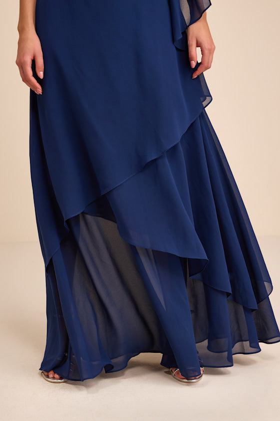 Camellia Dark Blue One-Shoulder Bow Maxi Dress #Color_Dark Blue