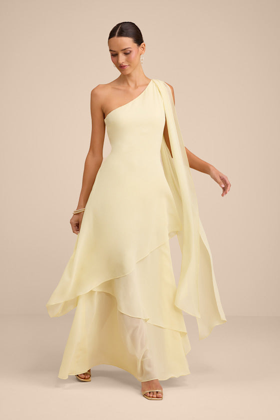 Camellia Dark Blue One-Shoulder Bow Maxi Dress #Color_Light Yellow