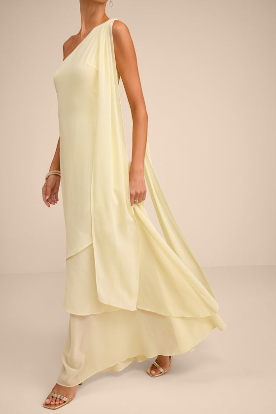 Camellia Light Yellow One-Shoulder Bow Maxi Dress #Color_Light Yellow