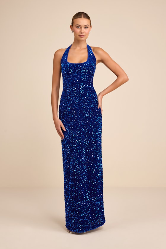 Xylana Royal Blue Velvet Sequin Halter Maxi Dress #Color_Royal Blue