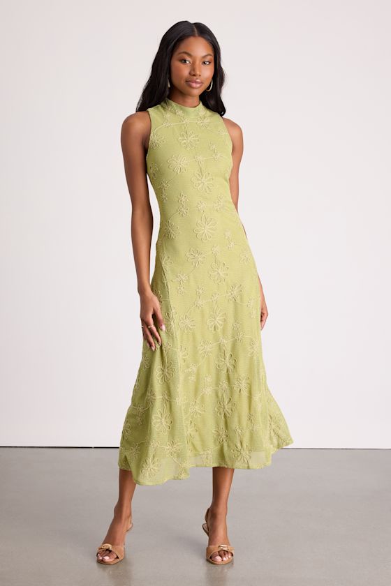 Danalee Lime Green Abstract Floral Embroidered Midi Dress #Color_Lime Green