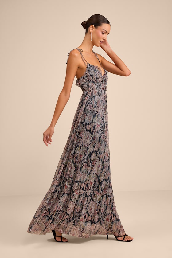 Teomara Navy Paisley Print Lurex Tie-Strap Maxi Dress #Color_Navy Paisley Print