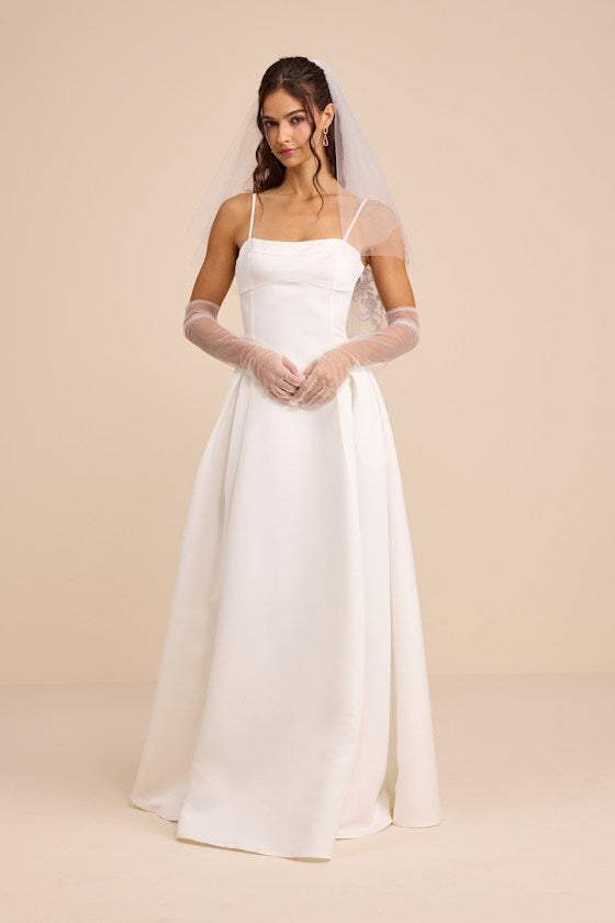 Annissa White Taffeta Drop Waist Lace-Up Maxi Dress #Color_White