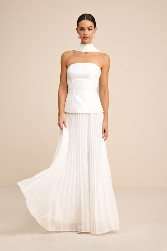 Eloise White Jacquard Pleated Maxi Dress and Scarf Set #Color_White