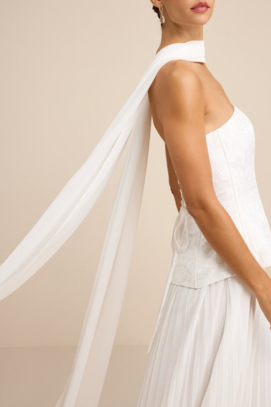 Eloise White Jacquard Pleated Maxi Dress and Scarf Set #Color_White