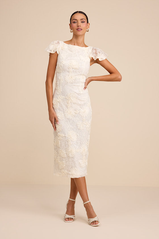 Kenna Ivory Lace Flutter Sleeve Midi Dress #Color_Ivory