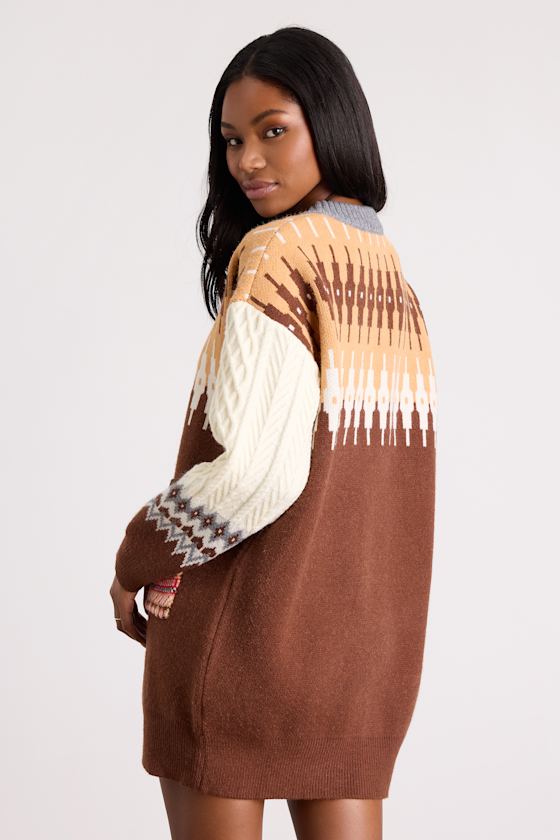 Emilee Brown and Cream Fair Isle Sweater Mini Dress