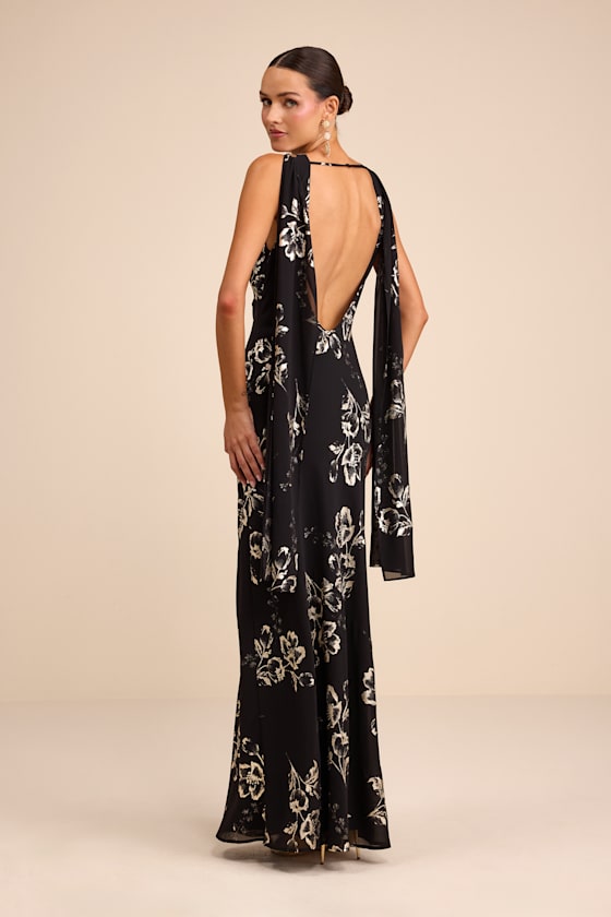 Sidonia Yellow and Gold Floral Cowl Sash Maxi Dress #Color_Black and Gold