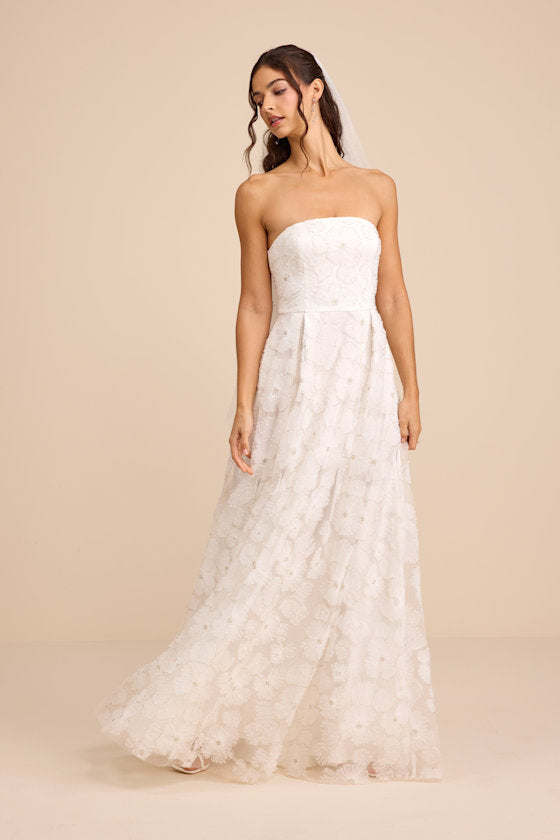 Elysande White Embroidered Beaded Strapless Maxi Dress #Color_White