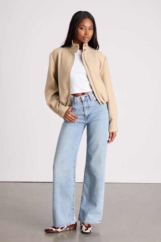 Jinora Light Beige Zip-Front Bomber Jacket