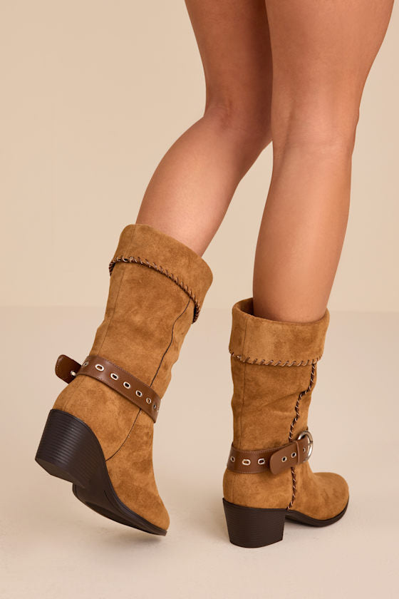 Leah Chocolate Brown Suede Buckle Mid-Calf Boots