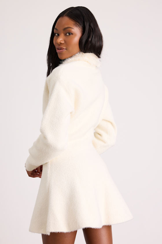 Violetta Ivory Collared Zip-Front Sweater Mini Dress